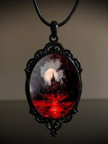 One Gothic Style Black Crazy Darkness Frame Wax Rope Black Leather Cord Necklace, Pendant Size: 6.3x3.7cm, Chain Length: 50cm, Suitable For Women's Daily Wear