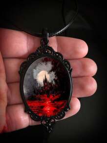 One Gothic Style Black Crazy Darkness Frame Wax Rope Black Leather Cord Necklace, Pendant Size: 6.3x3.7cm, Chain Length: 50cm, Suitable For Women's Daily Wear