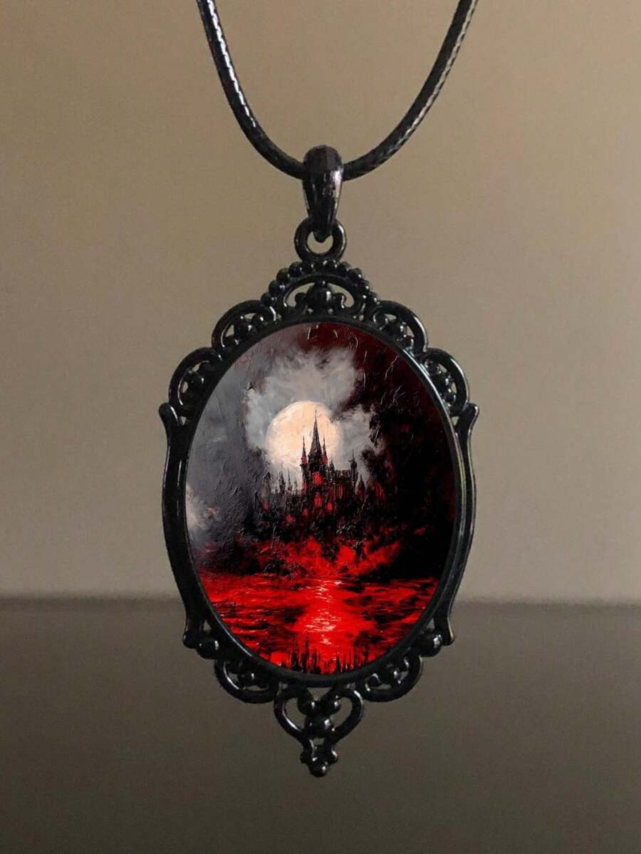 One Gothic Style Black Crazy Darkness Frame Wax Rope Black Leather Cord Necklace, Pendant Size: 6.3x3.7cm, Chain Length: 50cm, Suitable For Women's Daily Wear