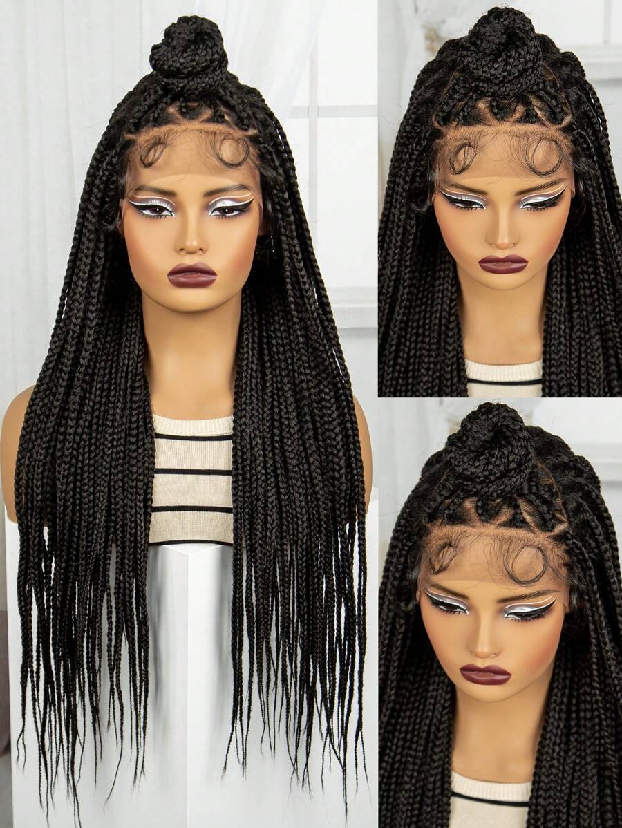 花邊假髮編織假髮不打結盒子編織假髮配嬰兒毛髮花邊襟頭辮假髮盒子編織花邊襟頭假髮辮髮團女用 - 黑色 - 查看 1