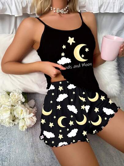 女士睡衣睡衣两件套黑色吊带短裤月亮和云朵印花圆领吊带上衣露背生菜边冰丝舒适休闲两件套