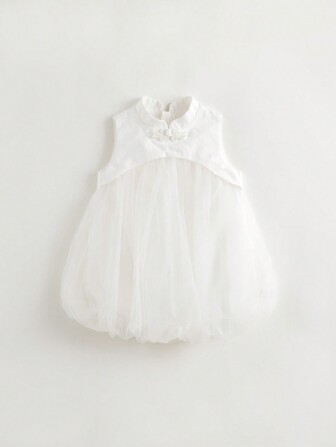 MARC&JANIE 少女款夏季無袖旗袍領網眼&花苞拼接裙