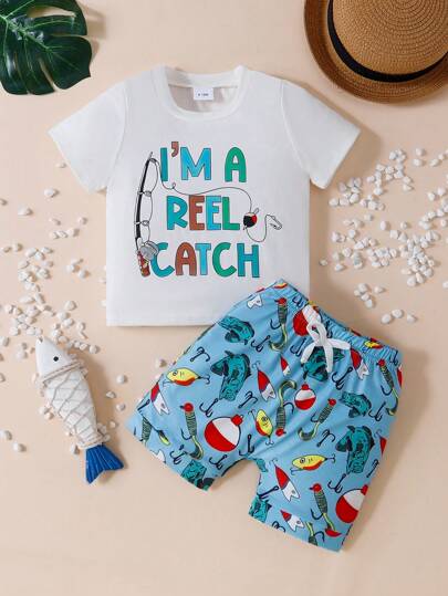 Baby Boy Summer Short Sleeve Letter Printed Top & Fish Printed Shorts Set For Daily Wear