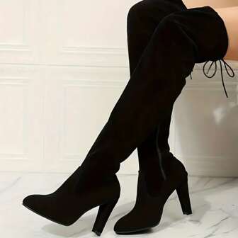 Women's Over The Knee Boots, Solid Color Block Heeled Pull On Long Boots, All-Match Comfortable High Heeled Boots