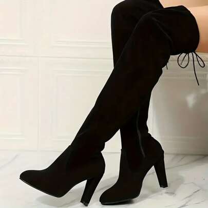 Women's Over The Knee Boots, Solid Color Block Heeled Pull On Long Boots, All-Match Comfortable High Heeled Boots