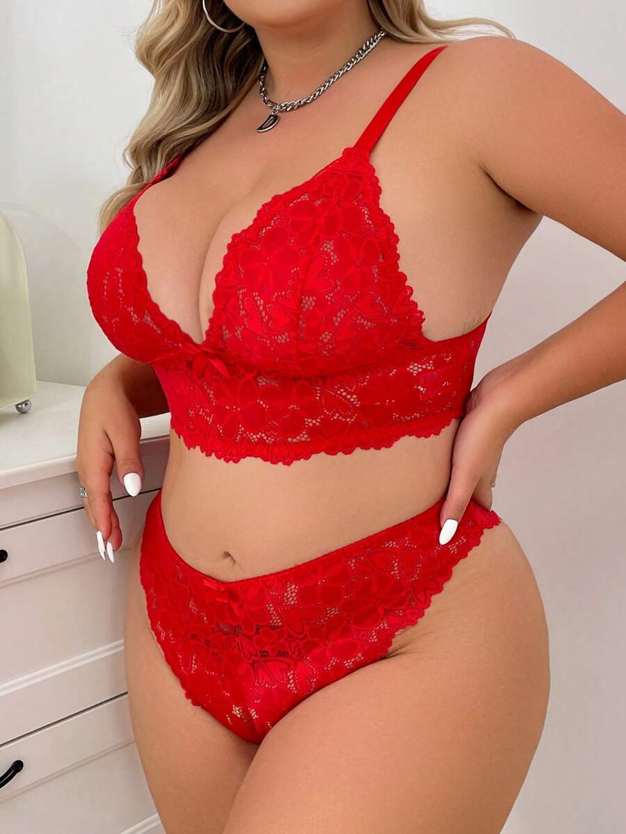 2 件套加大码女士优雅性感蕾丝文胸和内裤套装，红色蝴蝶结装饰，中等弹力，透气，可调节肩带，无衬垫，多功能内衣套装 - 紅色 - 查看 1