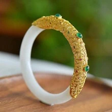 1 Vòng tay ngọc trắng tự nhiên, Bộ đá quý mạ vàng kèm vòng tay ngọc bích mềm thời trang, Đánh bóng thủ công, Trang sức nữ, Trang sức trang sức, Quà tặng cho gia đình, Quà tặng kỷ niệm ngày lễ. - F - Xem 1