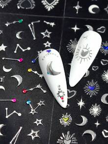 20片/套銀色月亮星星太陽設計指甲藝術貼紙，自粘幾何指甲藝術貼紙用於指甲藝術裝飾，指甲藝術用品DIY - 銀色 - 查看 3