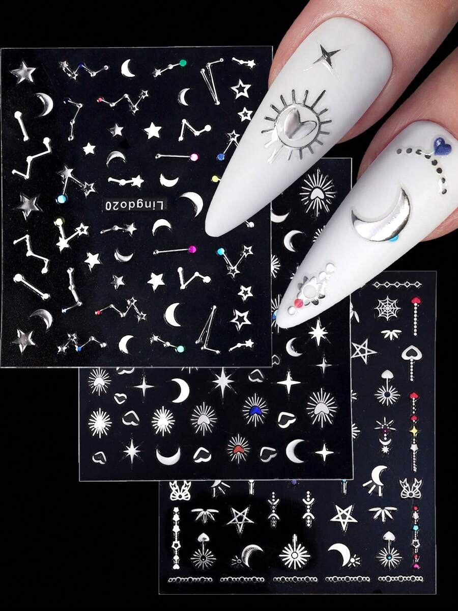 20片/套銀色月亮星星太陽設計指甲藝術貼紙，自粘幾何指甲藝術貼紙用於指甲藝術裝飾，指甲藝術用品DIY