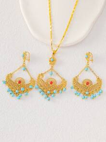 1套時尚復古波西米亞風格綠松石圓形耳環、項墜、項鍊套裝，適合女性在派對和節日中佩戴 - 金黃色 - 查看 2