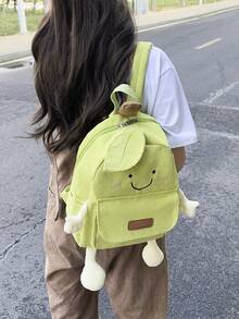 1pc Girls' Solid Color Flannel Cartoon Smile Face Pear Shaped Backpack, High Capacity With Zipper Closure, Perfect For Daily Outings - Green - View 7