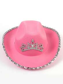 1pc Women's Western Crown Cowboy Hat, Feather Decor, Sequin Trim, Pink Western Cowboy Hat, Stage Hat