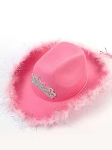 1pc Women's Western Crown Cowboy Hat, Feather Decor, Sequin Trim, Pink Western Cowboy Hat, Stage Hat