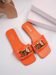 1 Pair Women's New Square Toe Summer Sandals - With Fashionable Metal Buckle Decor - Suitable For Party & Beach Wear - Elegant Flat Women's Slip On Sandals