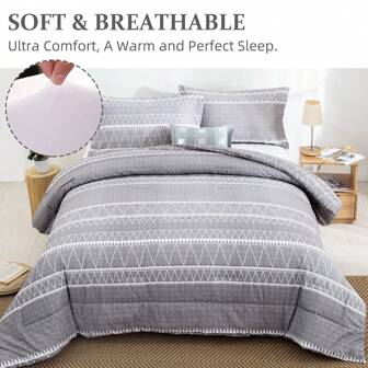 3 Pieces BEDDING Black Comforter Set Queen Reversible Boho Triangle Striped Down Alternative Comforter Set For Queen Bed  (1 Comforter + 2 Pillowcases), Soft Microfiber Bedding Set 90"X 90",104"X90"