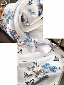 1条女士春秋季100%桑蚕丝方巾，蝴蝶图案杭州丝绸小方巾，通勤围巾 - 寶藍色 - 查看 3