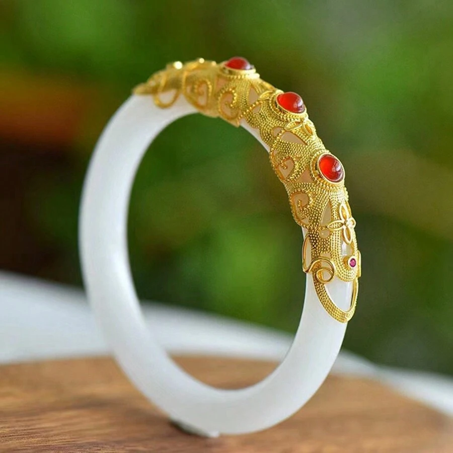 1 Piece Of Natural White Jade Bracelet, Gilded Gemstone Set With Soft Jade Fashion Bracelet, Hand-Made Polishing, Ladies Jewelry, Jewelry Jewelry, Gifts For Family, Holiday Commemorative Gifts. - C - View 1