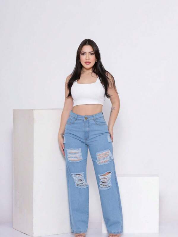 Calça jeans wide leg destroyde