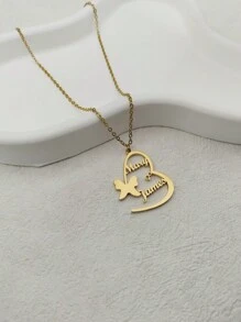 1 pieza Collar personalizado con diseño de corazón y mariposa de estilo minimalista de moda con texto de doble nombre para mujeres/parejas - color dorado para San Valentín