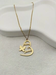 1 pieza Collar personalizado con diseño de corazón y mariposa de estilo minimalista de moda con texto de doble nombre para mujeres/parejas - color dorado para San Valentín