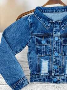 SHEIN KIDS Jaqueta Jeans Infantil Menina Botões Destroyed Casaco Feminino Linha Premium - Lavagem Média - Visão 2