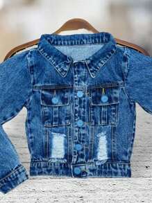 SHEIN KIDS Jaqueta Jeans Infantil Menina Botões Destroyed Casaco Feminino Linha Premium - Lavagem Média - Visão 1