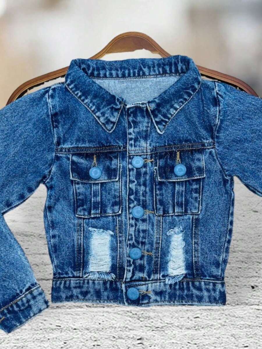SHEIN KIDS Jaqueta Jeans Infantil Menina Botões Destroyed Casaco Feminino Linha Premium - Lavagem Média - Visão 1