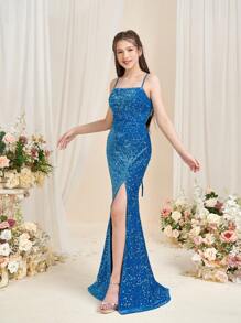 Teen Girl Backless Split Sparkly Sequin Cami Dress With Strap - Teal Blue - View 5