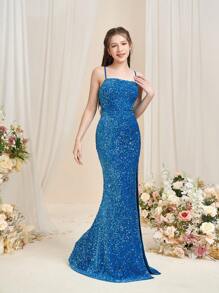 Teen Girl Backless Split Sparkly Sequin Cami Dress With Strap - Teal Blue - View 4