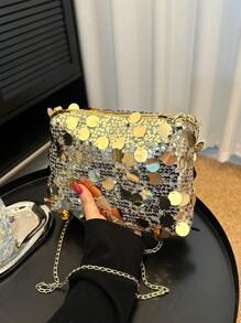 Fashion Glitter Sequin Rectangle Women's Bag, New Versatile Zipper Crossbody Bag, Unique Design Chain Strap Party Clutch - Gold - View 3