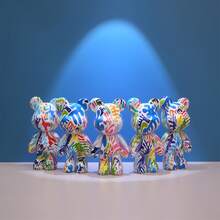 1pc 21cm Handmade Resin Bear Statue Ornament - Blue and White - View 2