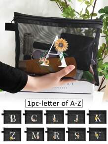 1个黑色网眼袋，雏菊图案，可定制字母A-Z，透明网眼化妆品收纳袋，多功能旅行便携袋，护肤品和化妆品收纳袋，学生文具袋，网眼拉链袋，旅行化妆品包装收纳袋，简约时尚，适合珠宝收纳、住宿、旅行、商务、游泳和家居收纳。 - 黑色 - 查看 1