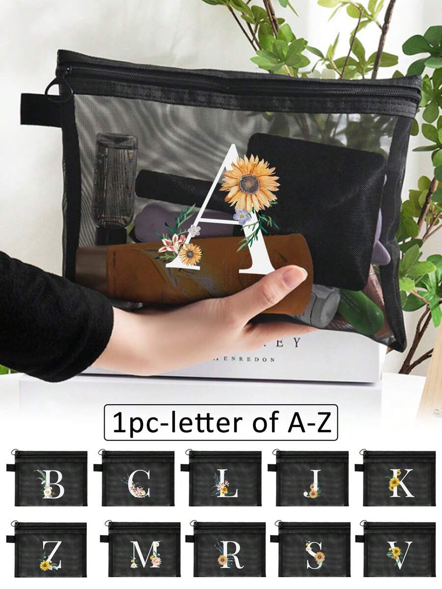 1个黑色网眼袋，雏菊图案，可定制字母A-Z，透明网眼化妆品收纳袋，多功能旅行便携袋，护肤品和化妆品收纳袋，学生文具袋，网眼拉链袋，旅行化妆品包装收纳袋，简约时尚，适合珠宝收纳、住宿、旅行、商务、游泳和家居收纳。 - 黑色 - 查看 1