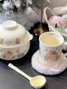 1入組可愛熊餅幹陶瓷杯/麵碗，手繪奶油風早餐牛奶/咖啡杯情侶杯/沙拉甜點碗 - 彩色 - 查看 3