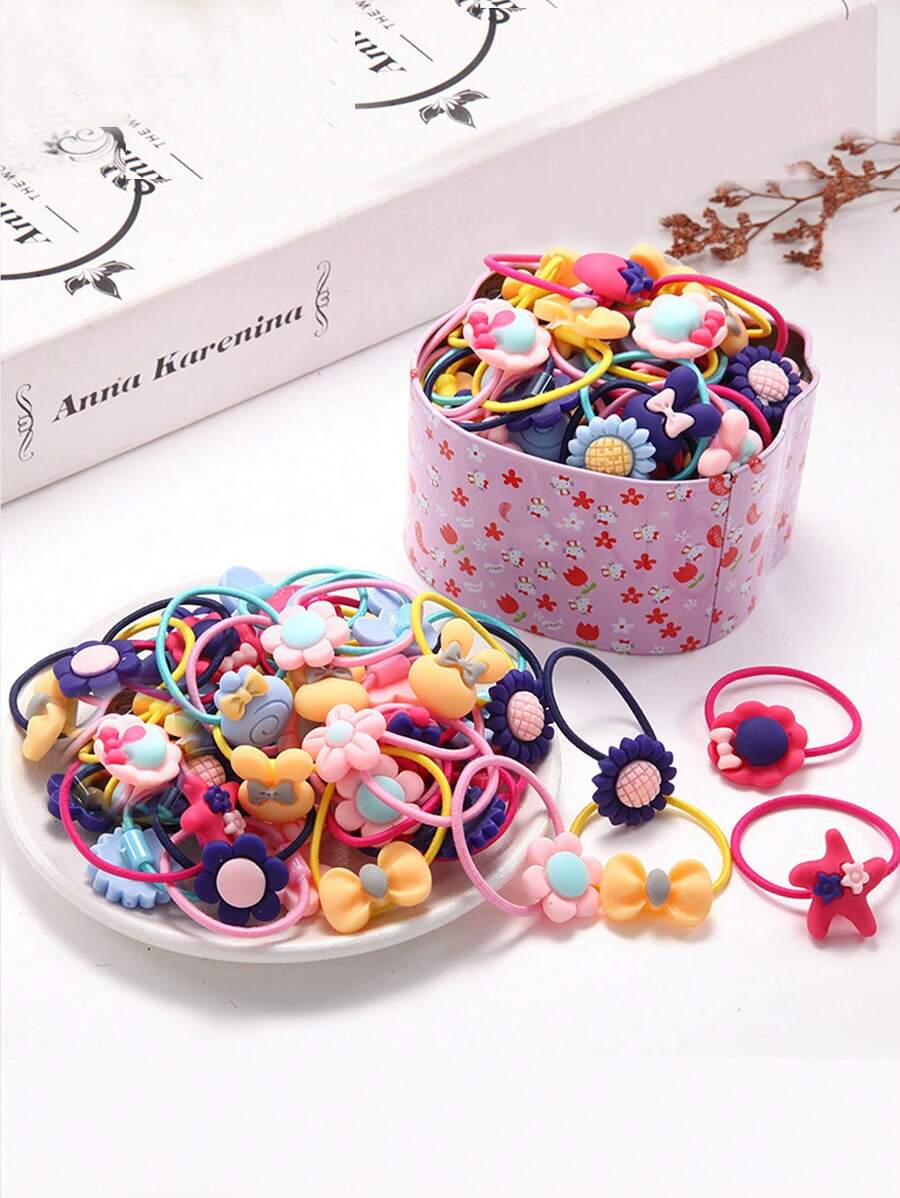 Great Value! 50pcs Random Multicolor Cute Hair Ties For Girls, Elastic Rubber Bands Hair Accessories That Don't Damage Hair - Multicolor - View 1