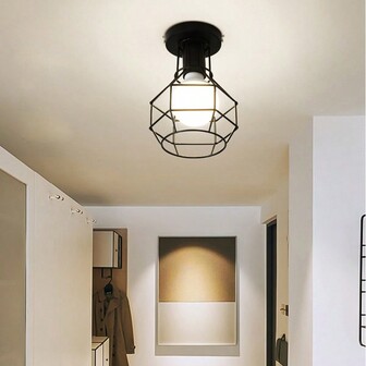 1 pieza Lámpara colgante de jaula de hierro, adecuada para cafetería, entrada, pasillo, montada en el techo, bombilla no incluida