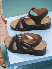 女士新款時尚楔形跟舒適厚底涼鞋，媽媽鞋，休閒開放式拖鞋 - 藏蓝色 - 查看 3