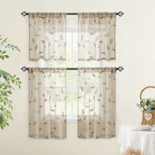 2入組帶刺繡葉子圖案的灰褐色半透明窗簾，帶口袋假麻布花卉半透明窗簾，適用於廚房窗簾，臥室客廳掛布 - Taupe - 查看 8