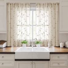 2入組帶刺繡葉子圖案的灰褐色半透明窗簾，帶口袋假麻布花卉半透明窗簾，適用於廚房窗簾，臥室客廳掛布 - Taupe - 查看 7