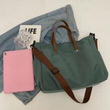 女士多口袋手提包，简约时尚的斜挎单肩包，轻巧可折叠，适合购物、旅行、办公，大号学校手提包，多个隔层，大容量，便携，经典休闲，适合少女、女大学生，非常适合返校、开学第一天、初中、高中 - 綠色 - 查看 3