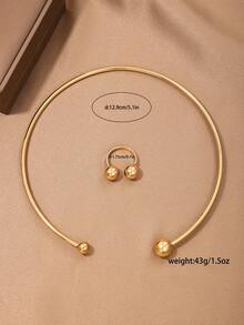 1入時尚極簡領型項鍊，環形手鐲戒指套裝，適用於女性日常穿戴和服裝搭配珠寶 - 金黃色 - 查看 7