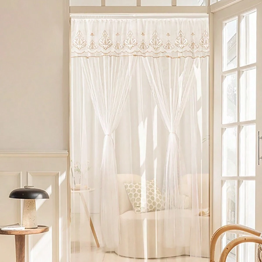 1入組白色蕾絲門簾，日式雙層蚊帳簾，適用於臥室客廳廚房隔間
