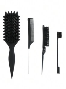 4pcs Curly Hairbrush Set With Edge Brush, Rat Tail Comb And Bristle Brush For Women/Men/Kids, Suitable For All Hair Types Black Pink Purple,Hair Brush,Comb,Hair Tools,Hair Products And Accessories For Barber Salon Beauty Travel Essentials