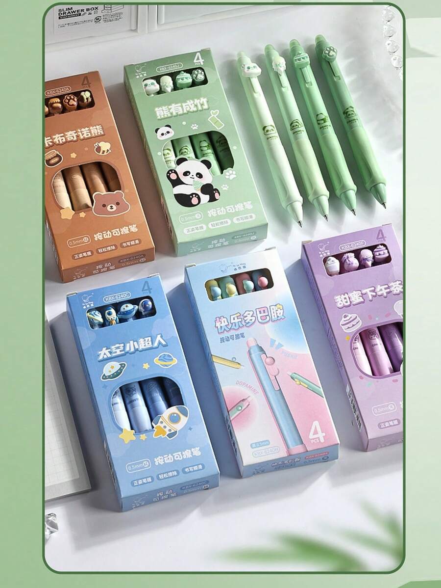 4 piezas Rotuladores de tinta de gel borrable, Bolígrafos retráctiles, Bolígrafos de dibujos animados lindos, Bolígrafos de escritura de punta fina de 0,5 mm, Bolígrafos de oficina y escolares para mujeres, niñas y niños - Multicolor - Ver 1