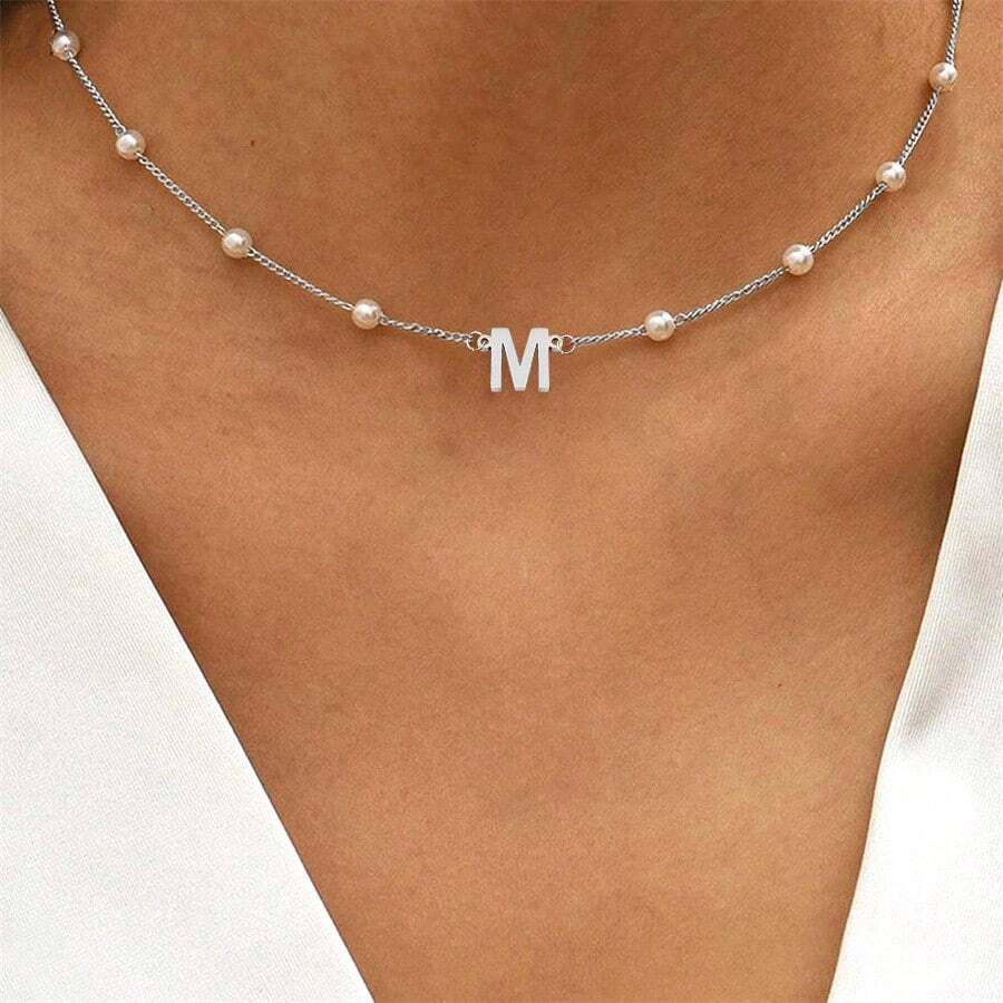 1pc Vintage Letter Pendant Pearl Chain Necklace, Suitable For Women Party Wear - Style 2 - View 1