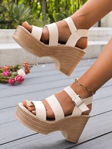 女士精致高台 Z 型带露趾坡跟凉鞋，适合休闲、派对、用餐，稳定防滑，易于穿着，适合夏季和秋季 - 白色 - 查看 5