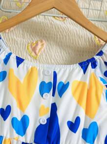 Tween Girl Summer Fashionable Simple Heart-Shaped Digital Print Ruffle Sleeve Dress