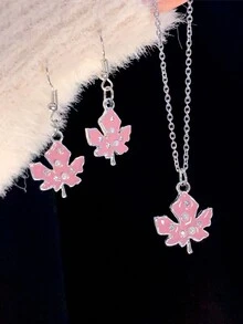 1 Bộ Bông tai hình lá phong màu hồng và ngọc trai giả Vòng cổ ngọt ngào, đáng yêu Thiết kế cá tính theo phong cách Hàn Quốc Bộ trang sức nữ để đeo hàng ngày - Nhiều màu - Xem 2