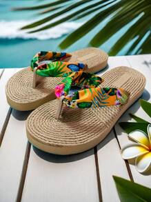 Women's Anti-Slip Flower Patterned Flip-Flops, Ladies' Summer Vacation Beach Slippers, Women's Sandals Summer Casual Vacation Slides, Summer Women's Flat Sandals, Printed Woven Bohemian Style Flip-Flops, Ladies' Flat Sandals - Flowers - View 3