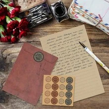 Writing Paper Set, 95 Pieces Vintage Envelopes And Envelope Writing Paper With 48 Sheets Of Writing Papers, 15 Envelopes, 32 Seal Stickers For Wedding Invitation Greeting Cards Crafting, Brown - Brown - View 6